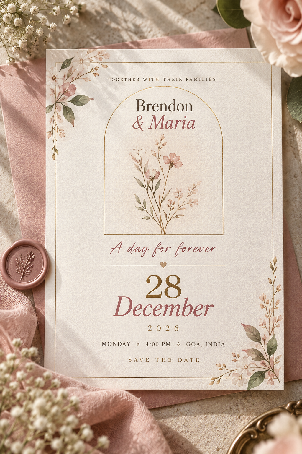Wedding invitation for Brendon and Maria on Monday, 28 December 2026 at 4 PM in Goa